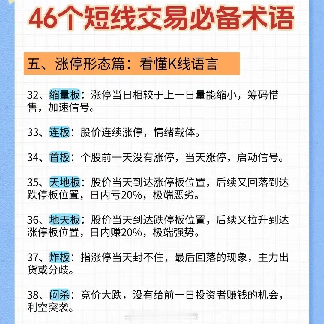 这46个短线术语让你秒懂主力套路🔥短线交易，拼的就是手速和认知。这些词不懂，亏