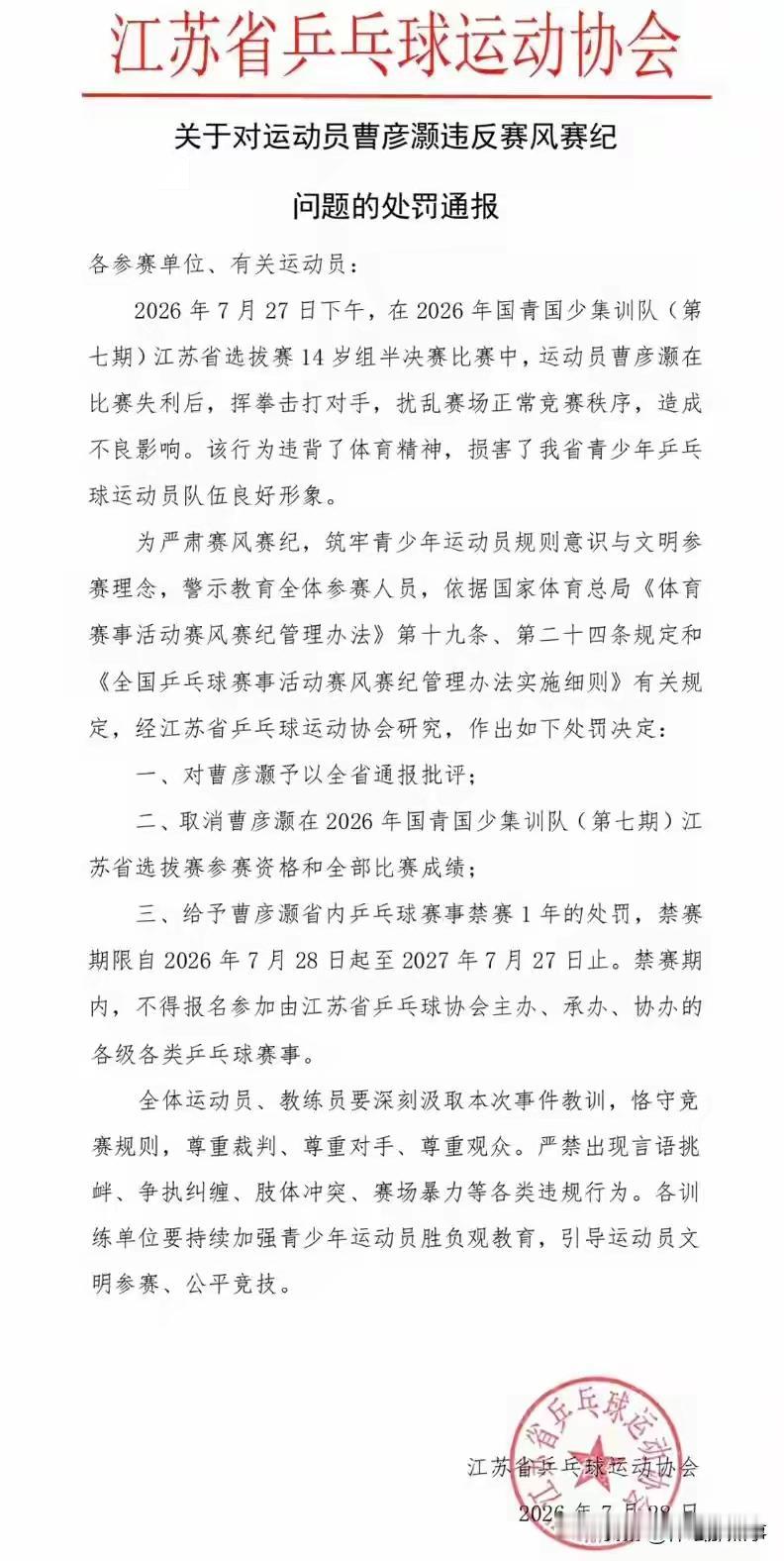 处理轻了！
文明比赛礼貌比赛是运动员最起码的职业道德和操守。
江苏14岁乒乓球运