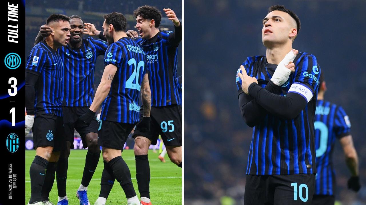 意甲：国际米兰主场3-1击败博洛尼亚，以1分领跑榜首。
劳塔罗1传1射，泽林斯基