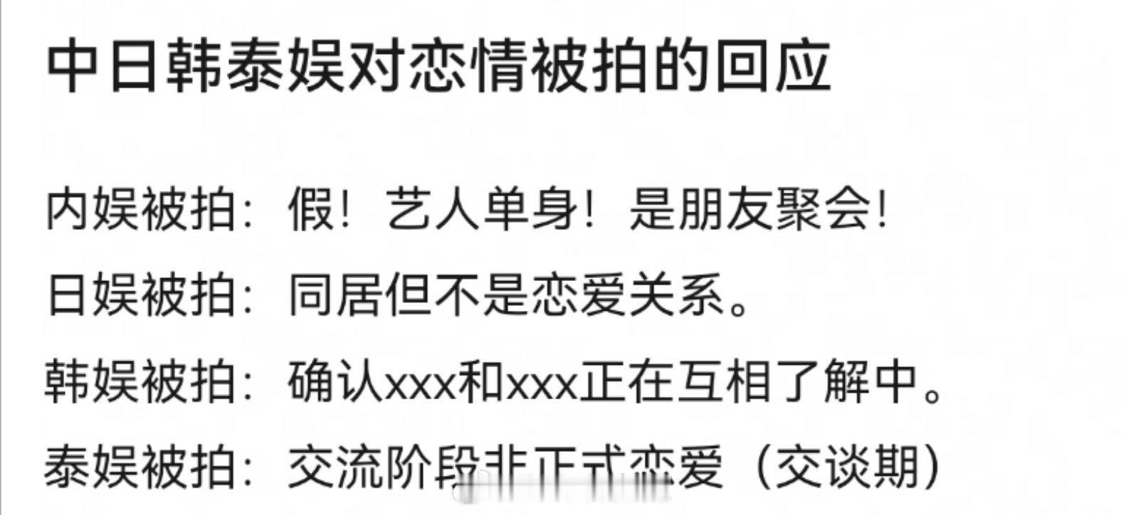 网友总结中日韩泰娱对恋情被拍的回应 ​​​
