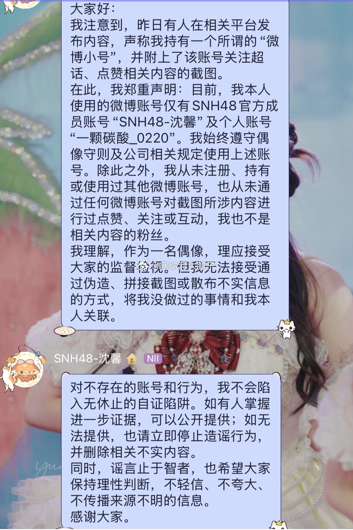 沈馨：没有其他微博小号 