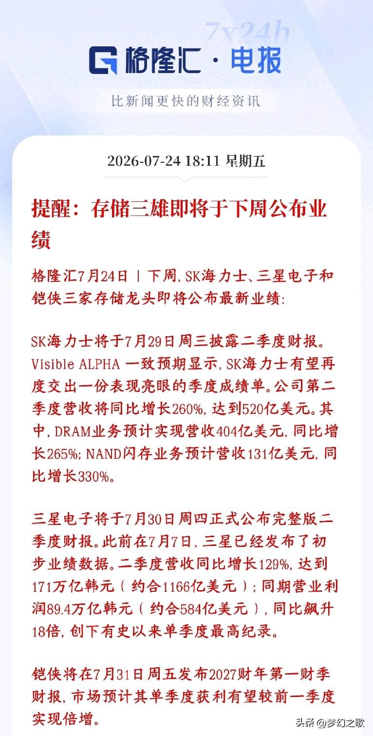 存储三大霸王要公布业绩了，通常资金都是先跌为敬
下周全球三大存储巨头要扎堆发布最