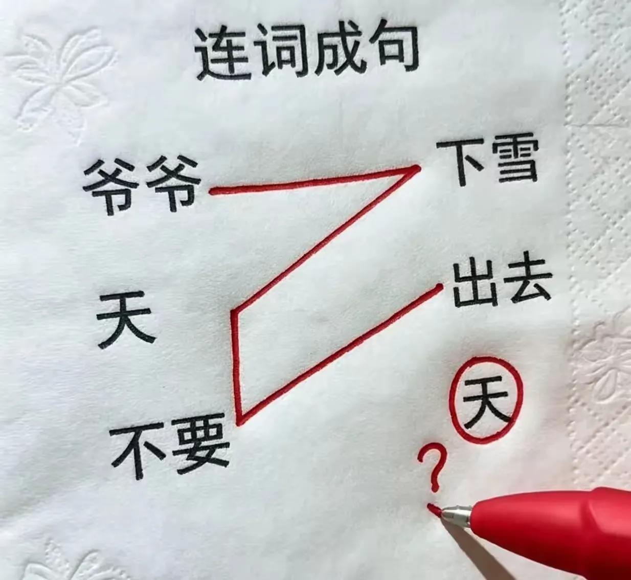 连词成句：爷爷、天、不要、下雪、出去。不少人将一个“天”字漏掉了。朋友们，还有别