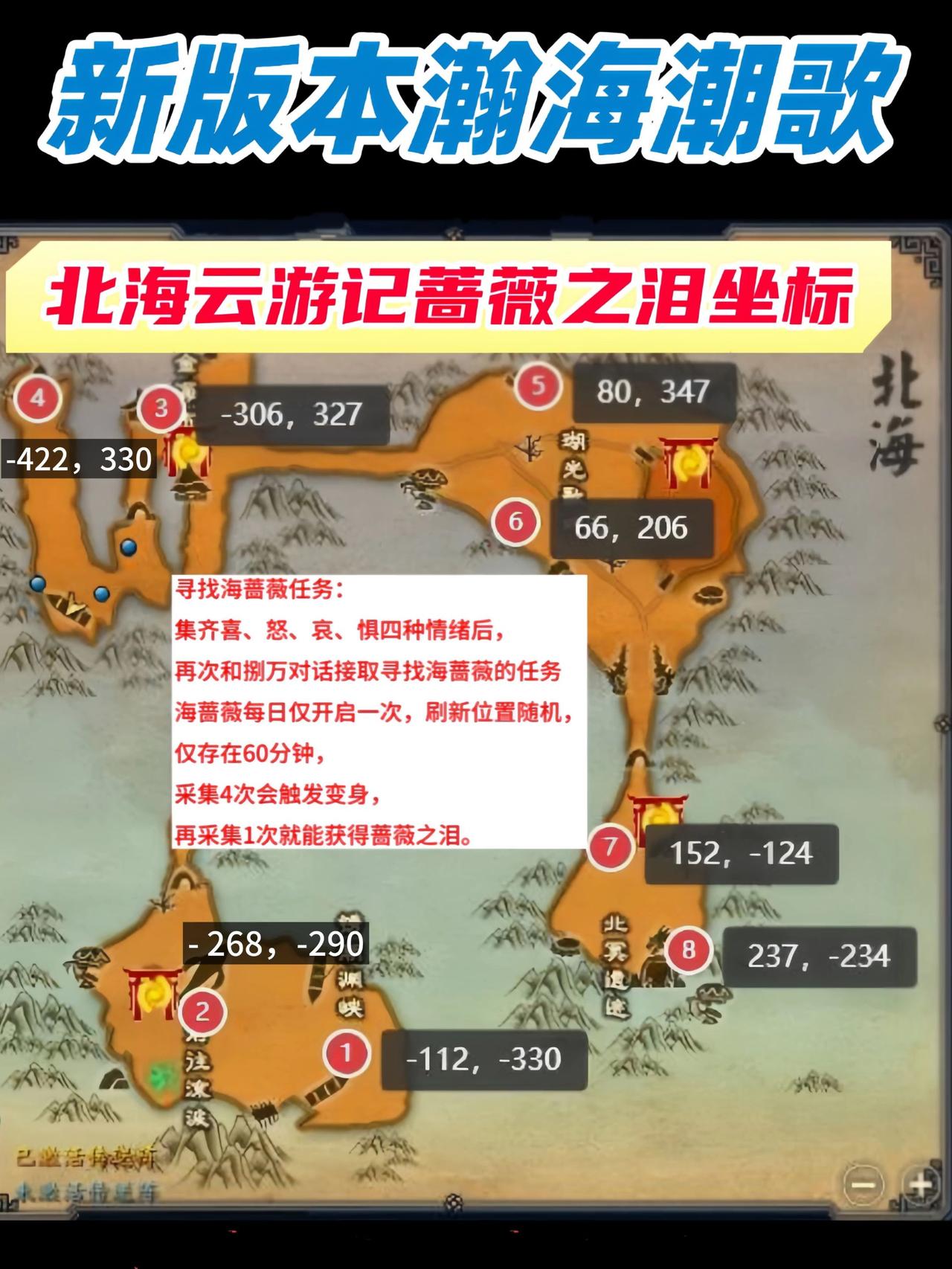 诛仙端游  新地图北海云游记  8个蔷薇之泪坐标+海蔷薇任务保姆级攻略诛仙端游 