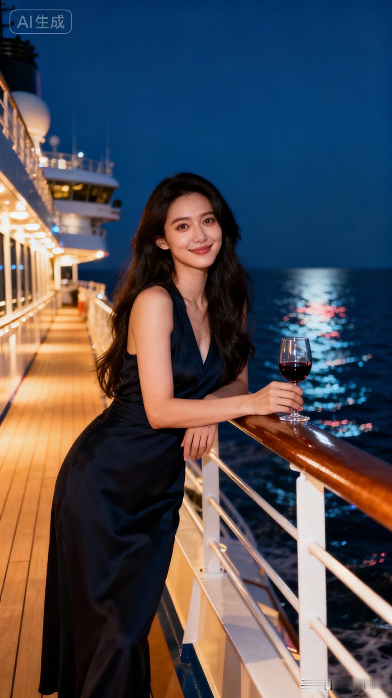 夜景中，她靠在船边，手拿红酒杯。
