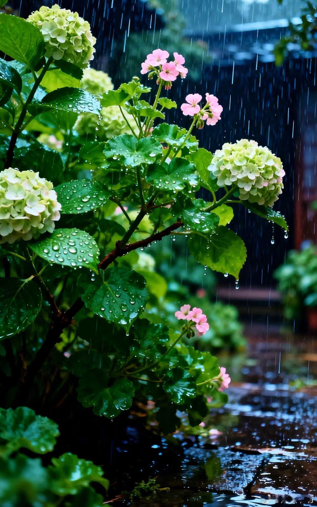 一庭烟雨，半盏清欢。绣球花缀着水珠，粉绿相间，像极了成年人的心事，一半藏着温柔，