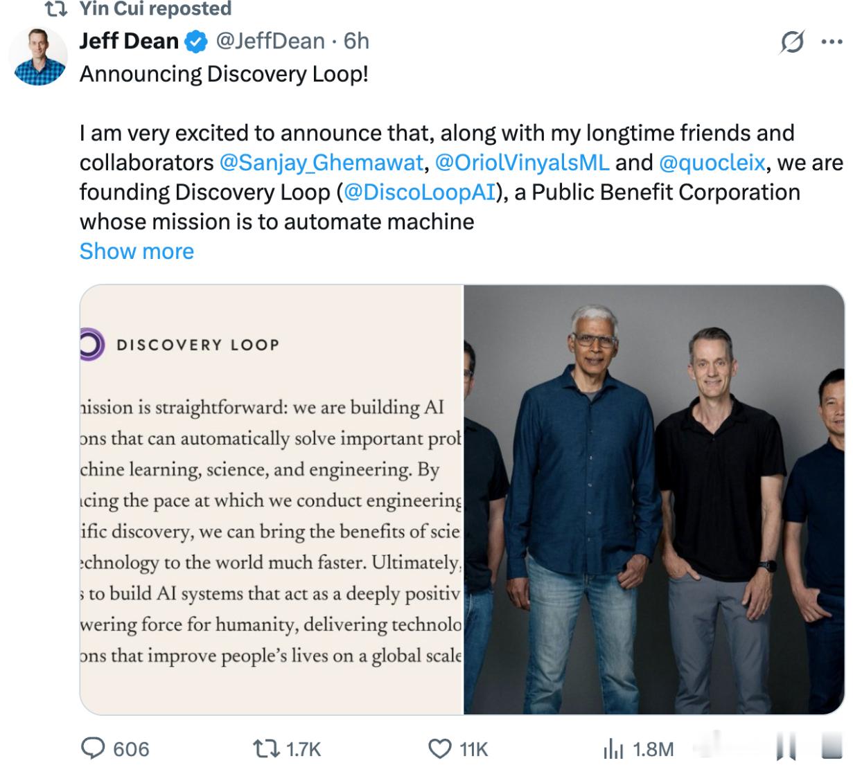 8 月 6 日凌晨，Jeff Dean 发推官宣离职，明天是他在谷歌的最后一天。