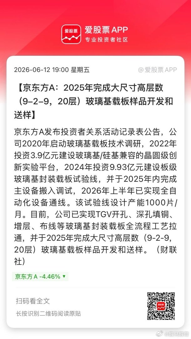 【京东方A：2025年完成大尺寸高层数（9-2-9，20层）玻璃基载板样品开发和
