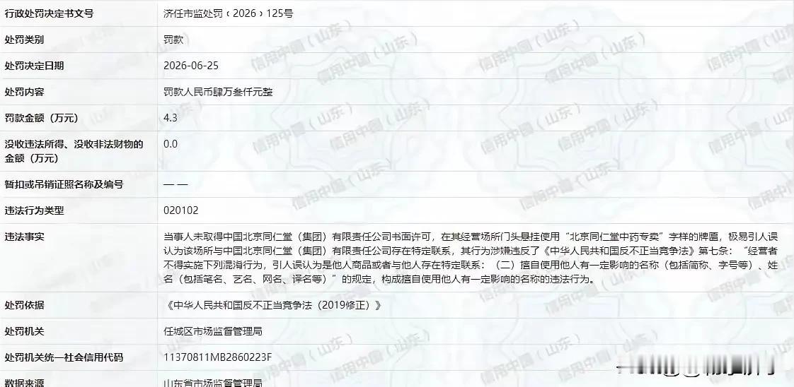 济宁某公司冒用别人被罚4.3万。