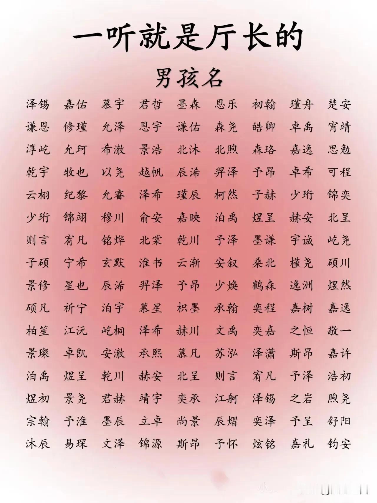 一听就是厅长的男孩名
那些听起来给人感觉正式、庄重且具有一定社会地位的名字，一些