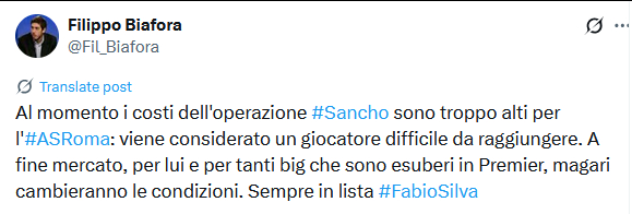 时报Biafora：目前桑乔的交易成本对罗马来说太高了，他被认为是一位难以企及的