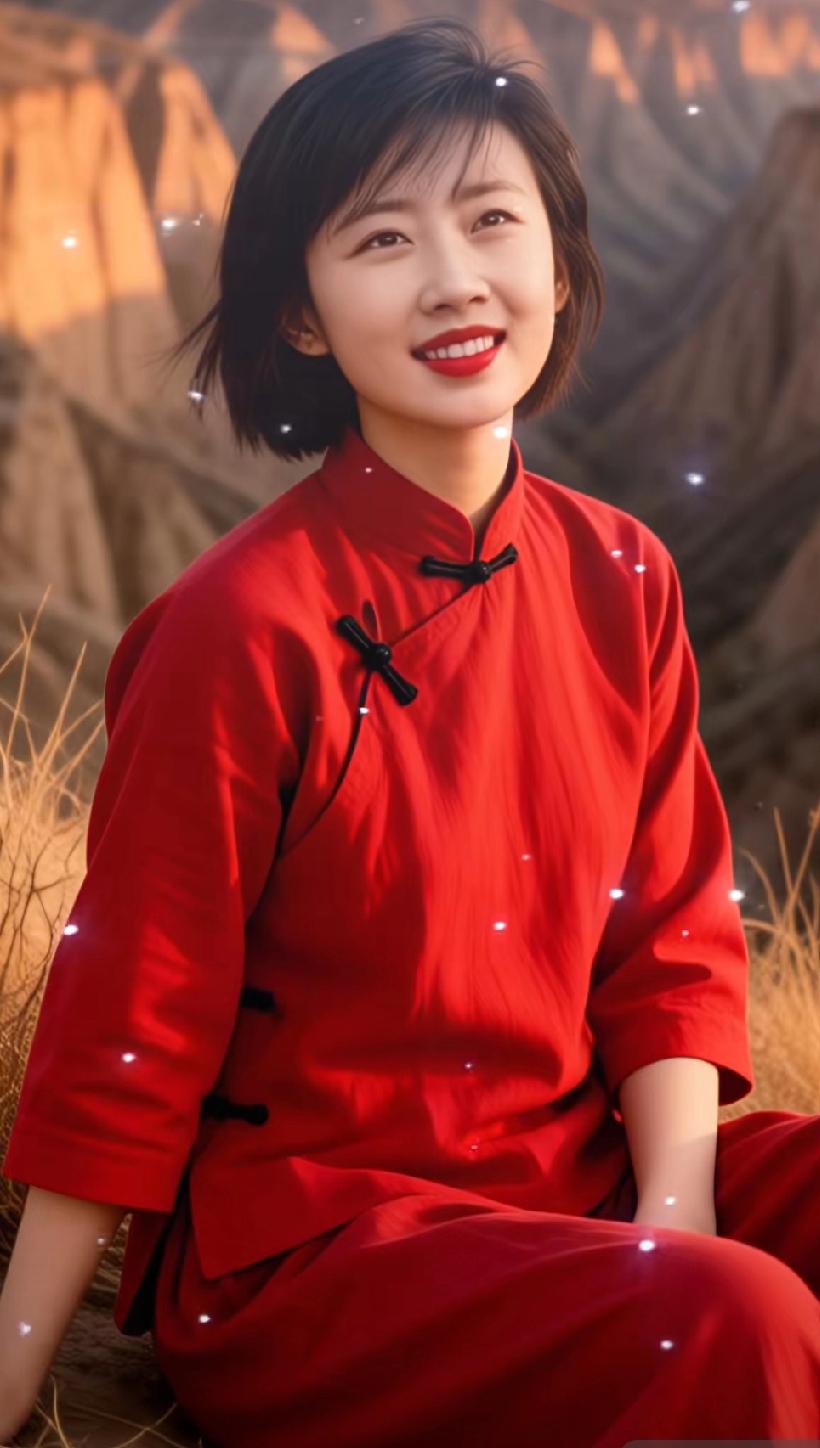 红衣少女坐山间，笑靥如花映夕阳。