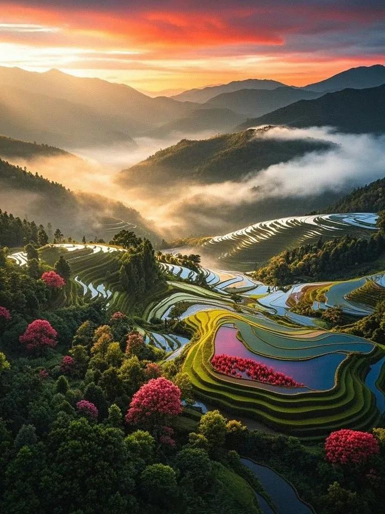 云雾缭绕的梯田确实似山间仙境。广西龙胜的龙脊梯田，秋雨过后云雾中，梯田、吊脚楼和