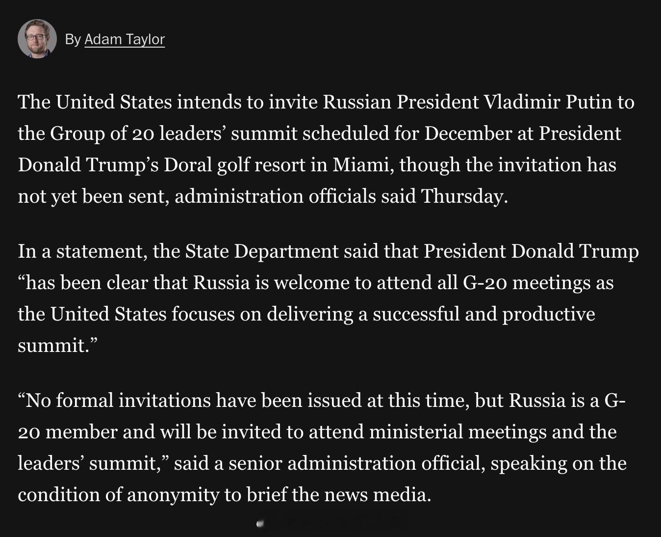 美国政府官员周四表示，美国打算邀请普京出席今年12月在佛罗里达迈阿密，位于Dor