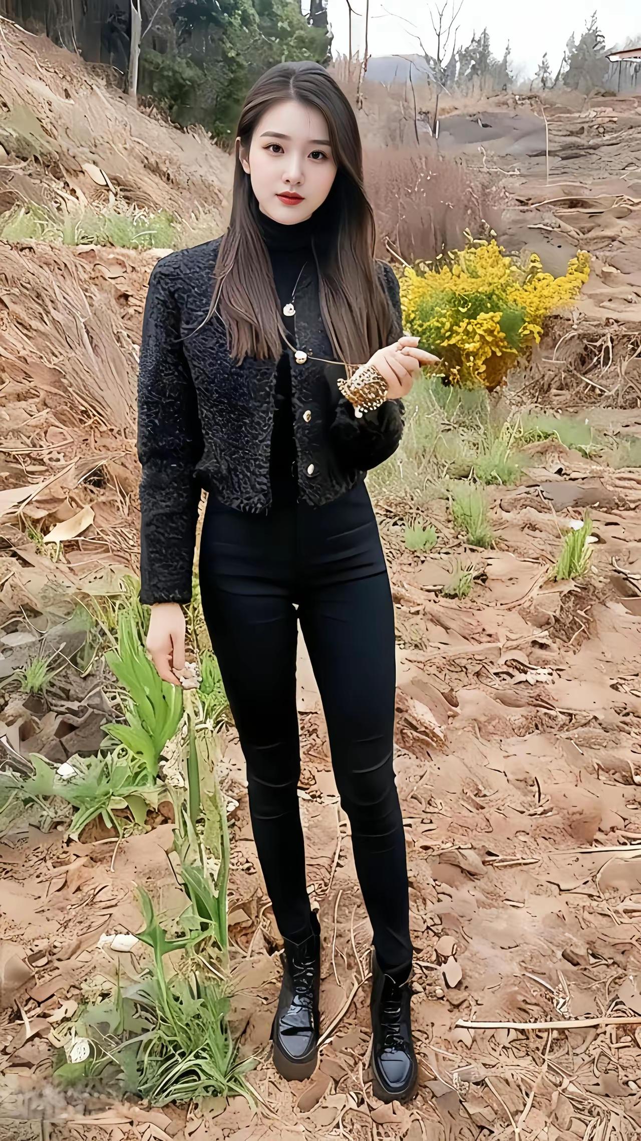 黑衣美人立，花间意自闲。