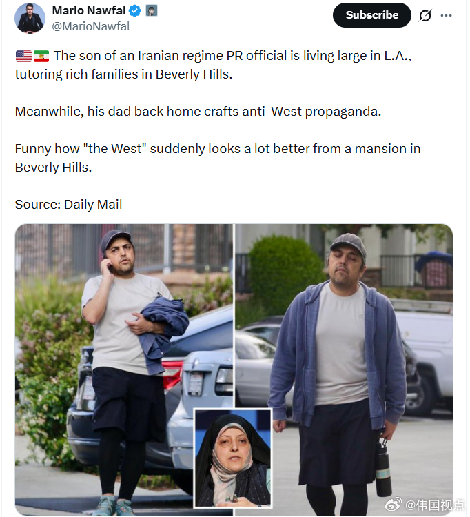 马里奥·纳法尔：一名伊朗政权宣传官员的儿子，正生活在洛杉矶，在贝弗利山庄为富裕家