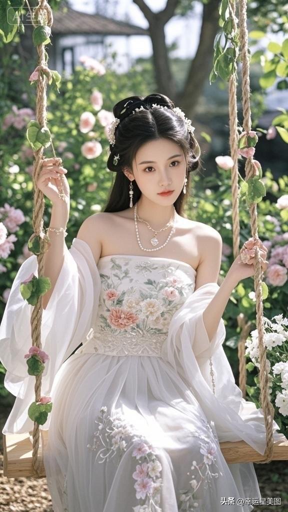 梦幻花园中的仙气少女，轻纱裙摆随风飘逸，手机自拍记录美好瞬间。