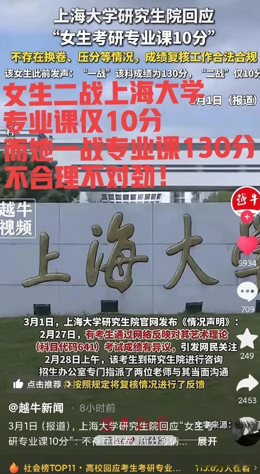 上海大学给一名硕士研究生考生专业课打10分，学生申述，上海大学回应称“不存在换卷