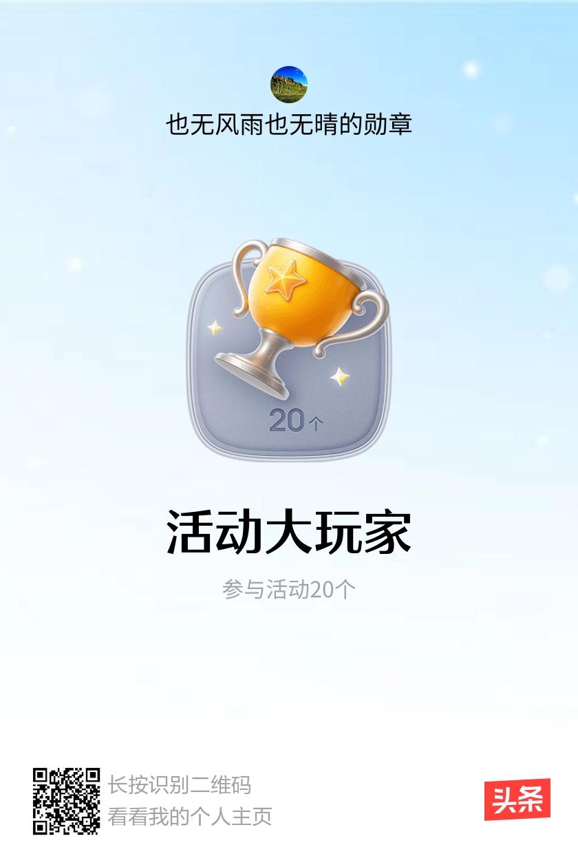我获得了【活动大玩家】勋章！邀请你一起集头条勋章、记创作之路！