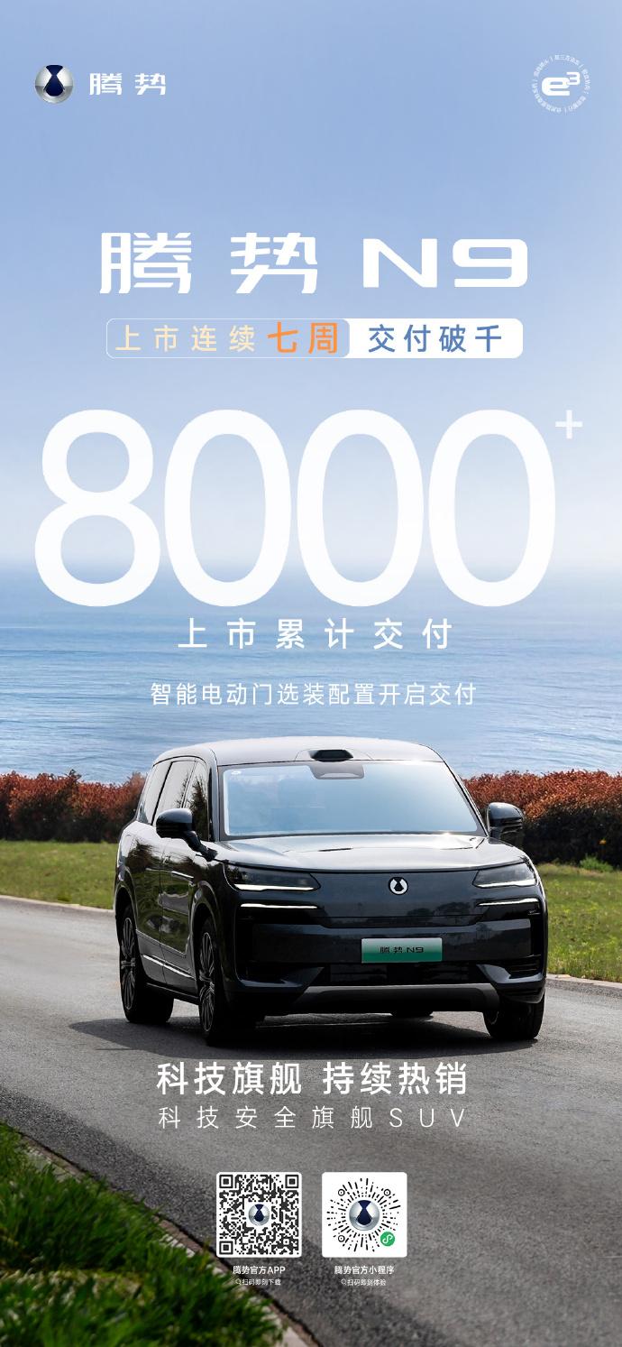 腾势N9上市连续7周交付突破1000+，累计交付突破8000+！