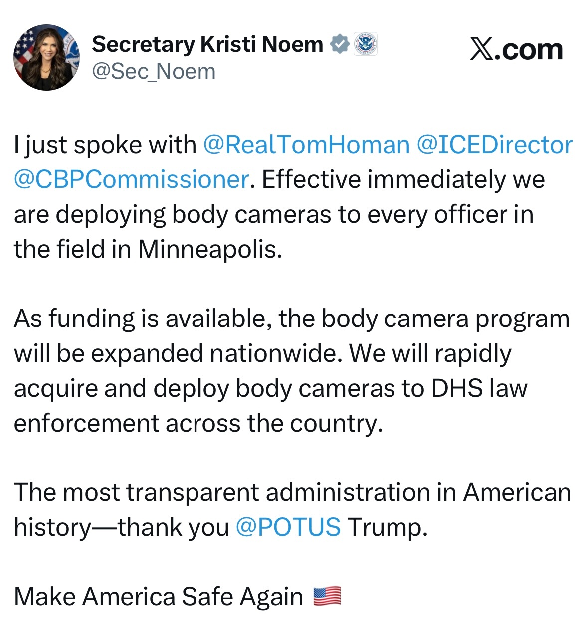 2月2日，美国国土安全部长克里斯蒂·诺姆在社媒发文宣布，即日起向明尼阿波利斯所有