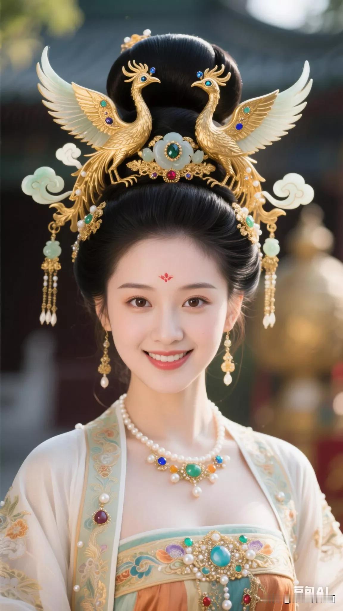 惊艳的古典美人，金冠玉佩，华贵典雅！张立启原创书画AI作品古仕女发髻集锦首发第4