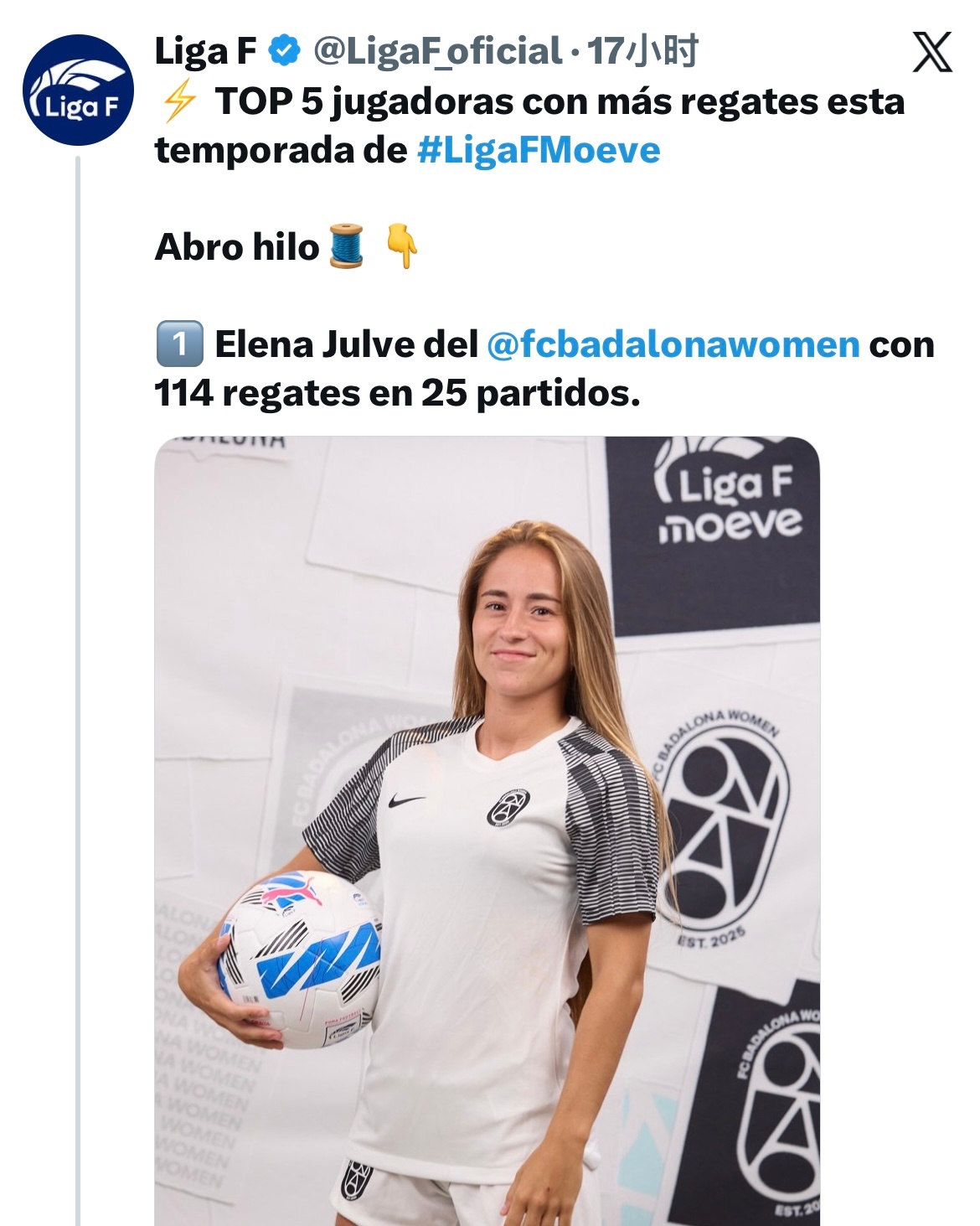本赛季Liga F成功过人次数排行：第一名 Elena Julve 巴达洛纳女足