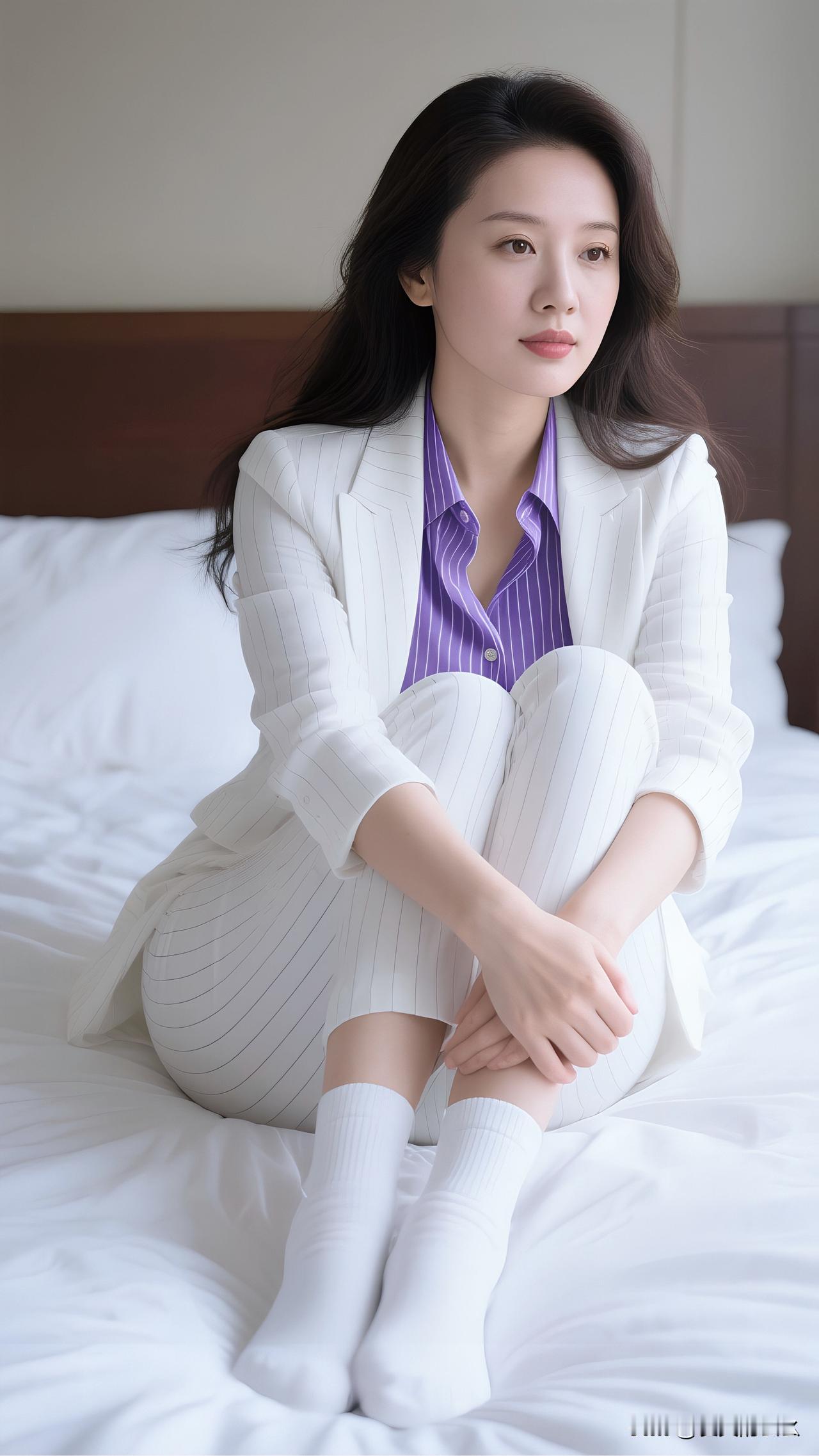 优雅职场风穿搭，紫色条纹衬衫+白色条纹西装裤，搭配白色袜子，简约大方。