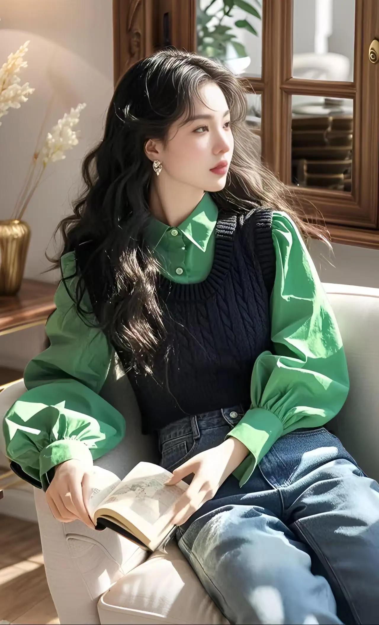 这件绿色衬衫叠搭黑色针织背心太好看了吧，绿色衬衫清新亮眼，自带复古滤镜...