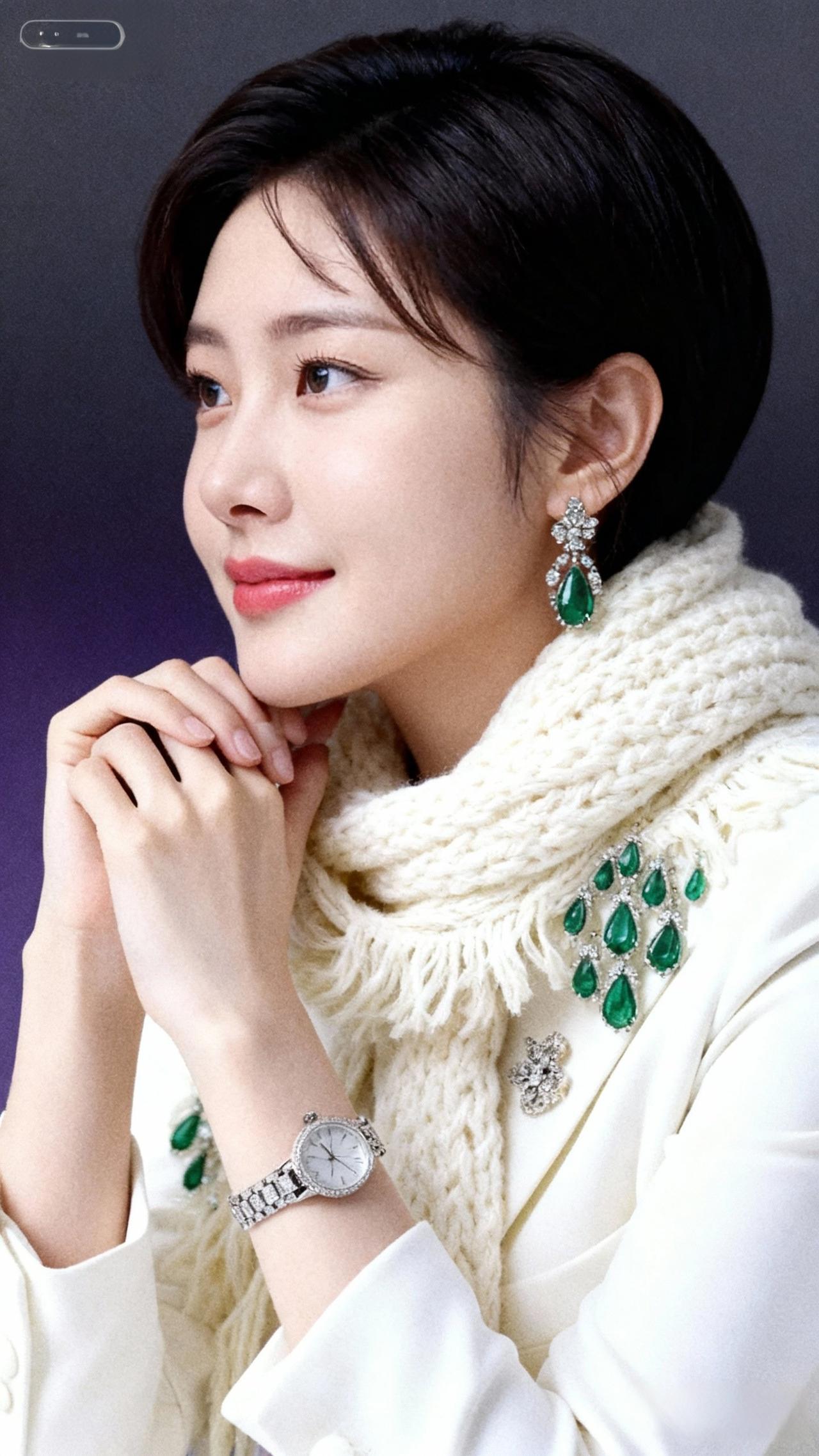 优雅冬日穿搭，绿宝石耳环点缀，温柔微笑，尽显魅力。
