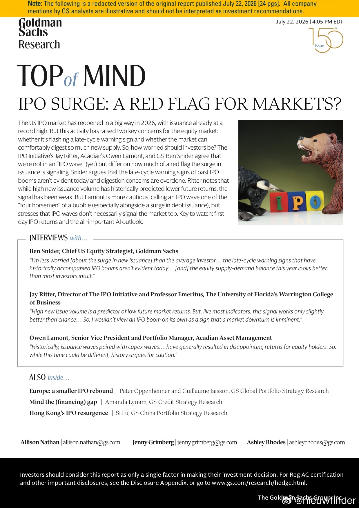Goldman Sachs’s “Top of Mind - IPO Surge