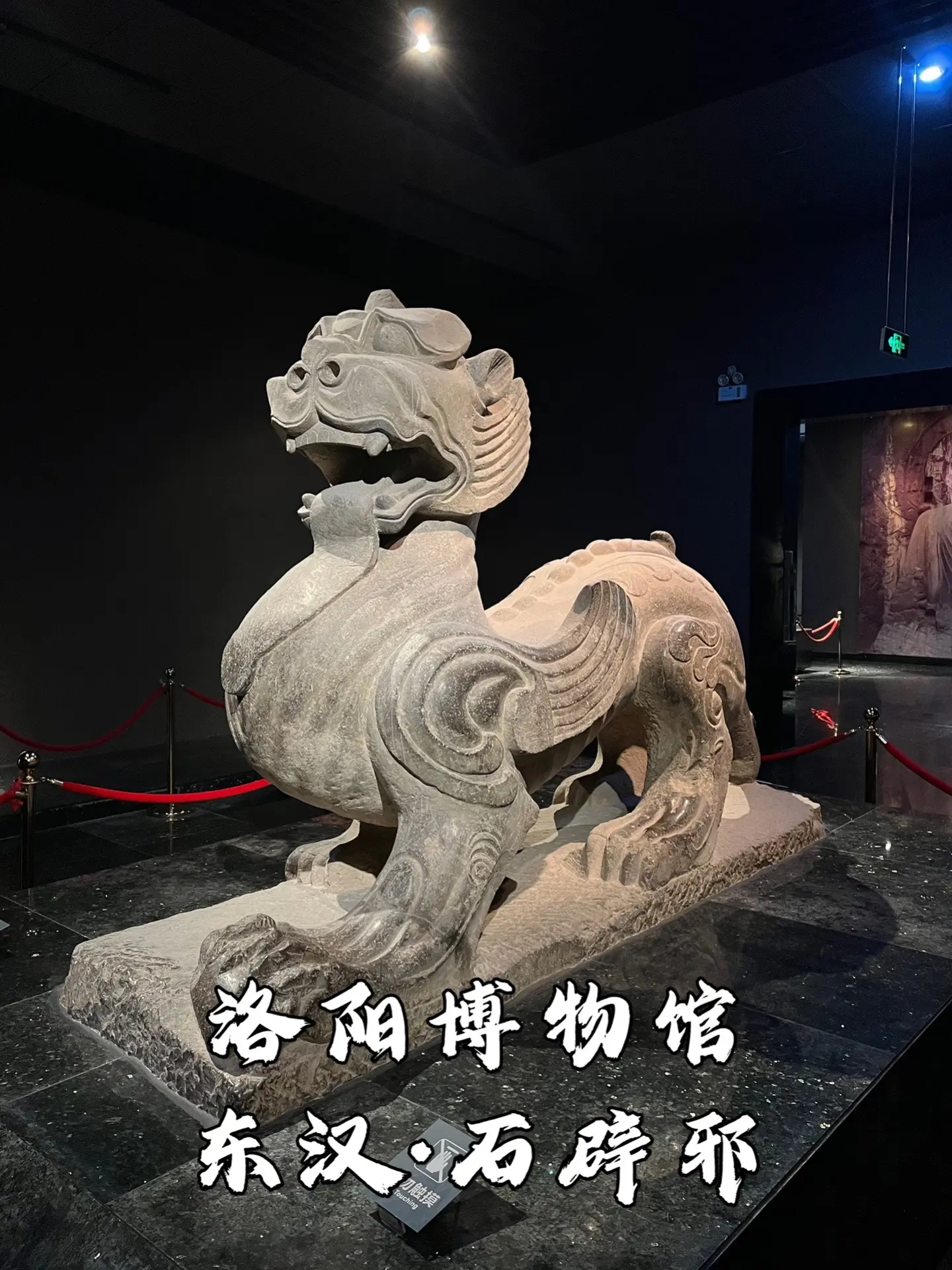 洛阳博物馆镇馆之宝——东汉·石辟邪。洛阳博物馆的东汉石辟邪，1992年出土于河南省洛阳市孟津区油坊村，当时人们在挖掘水渠时偶然发现了这块石头。石辟邪高1.9米，长2.9米，宽0.9米，重约8吨，通体由一块完整的青石雕造而成，是国内出土石辟邪中最大、最重的一件。 
石辟邪口吐长舌，身生双翼，长尾拖地，造型灵动，似欲腾空飞翔；头类狮子，身若虎豹，昂首斜侧，充满阳刚之气。石辟邪出土的油坊村，距离东汉开国皇帝汉光武帝刘秀的原陵不足1公里，因此有专家推测这件石辟邪可能是汉光武帝刘秀陵前的镇陵神兽。然而也有专家提出不同看法，因为汉光武帝生前主张节俭，他的陵墓出土文物可能并不豪华，这件石辟邪也可能属于其他东汉皇帝的墓葬。