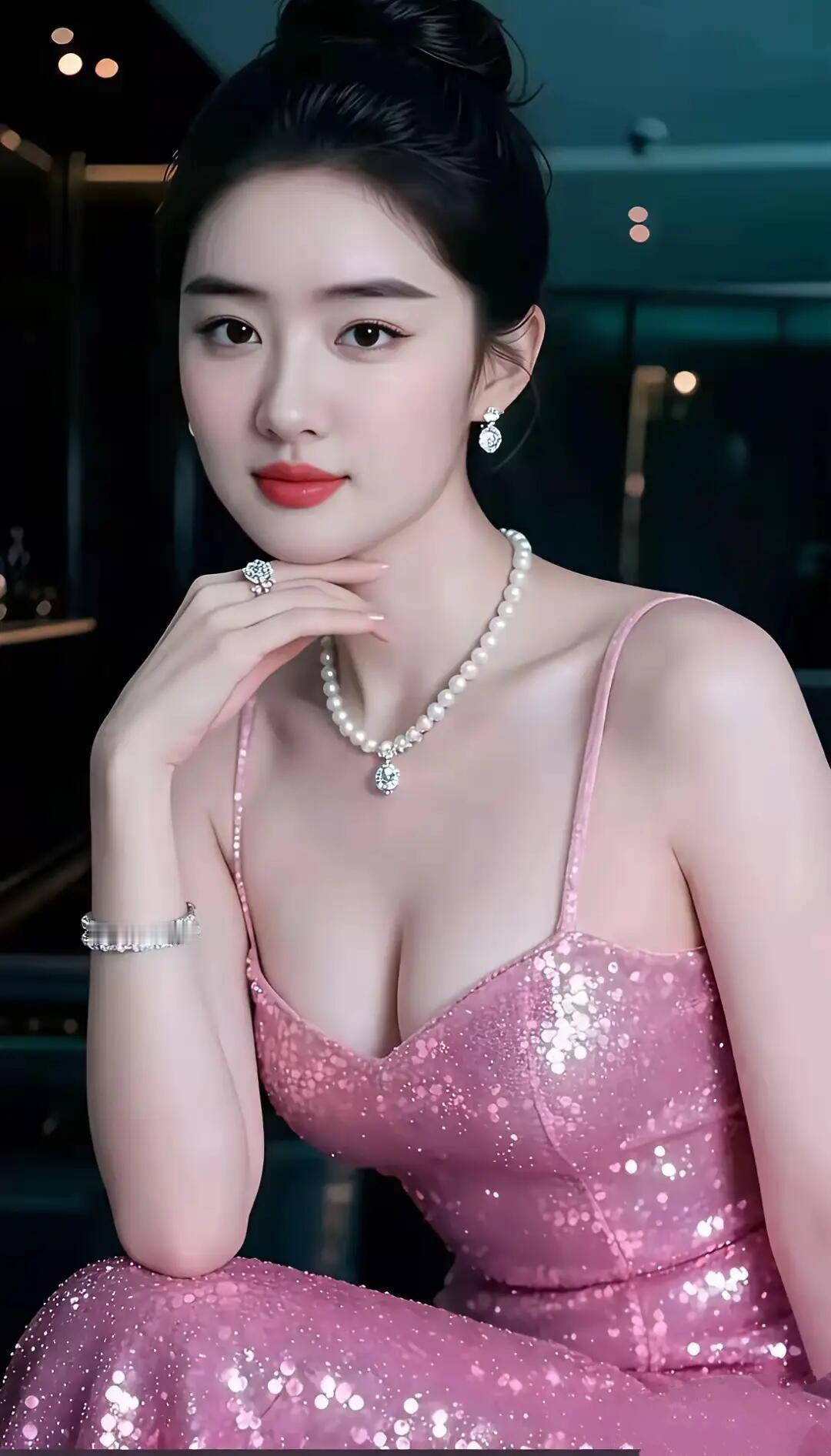 粉衣美人倚栏，红唇轻启笑语。