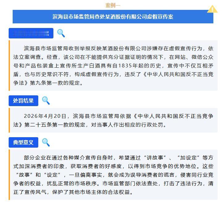 盐城市场监管局发布第二批四类市场违法典型案例，涉及4起！分别查处滨海县酒企虚构百