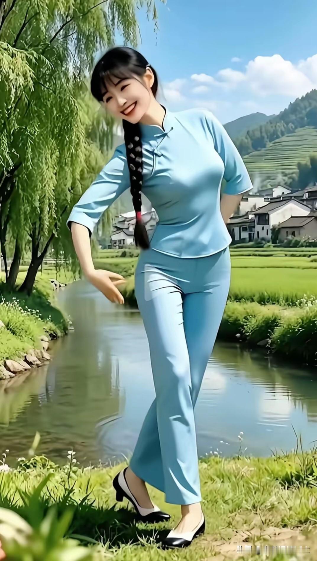 如梦令·溪畔清姿
 
岸柳垂丝轻舞，碧水村烟如故。
蓝衫俏佳人，一笑春风相顾。