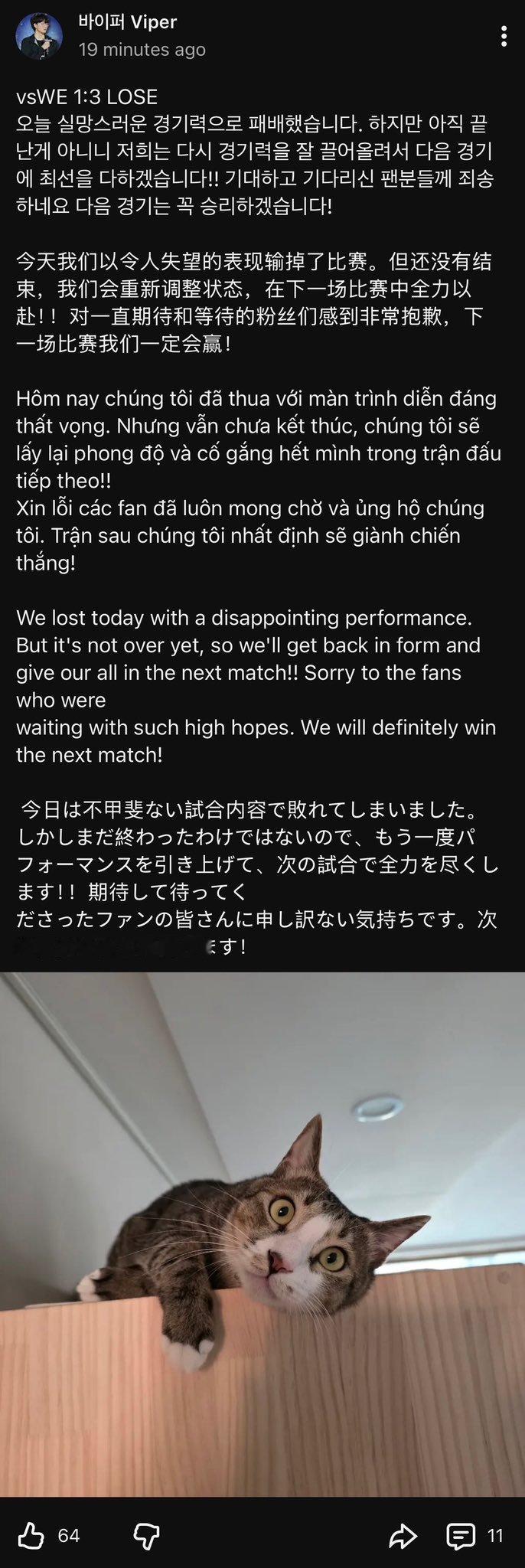 Viper在输掉比赛后发布的道歉信： 