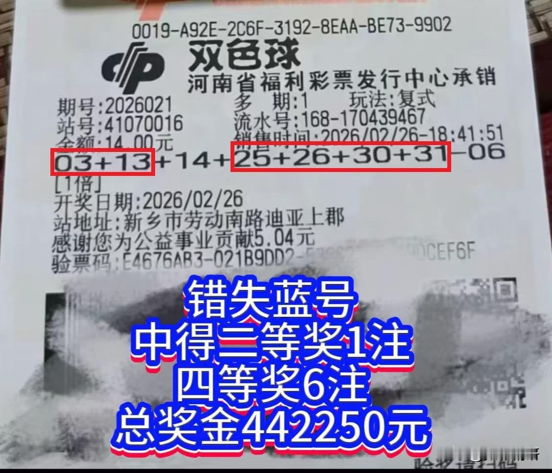 2月26日晚，双色球第26021期开奖落下帷幕。河南新乡一位彩友凭借一张“7+1