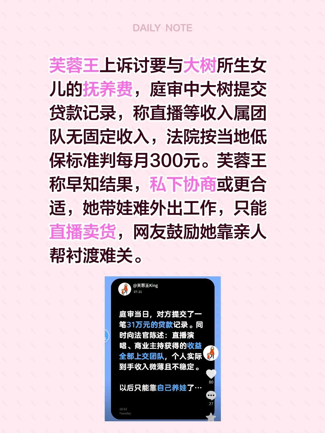 芙蓉王上诉讨要与大树所生女儿的抚养费，庭审中大树提交贷款记录，称直播等收入属团队