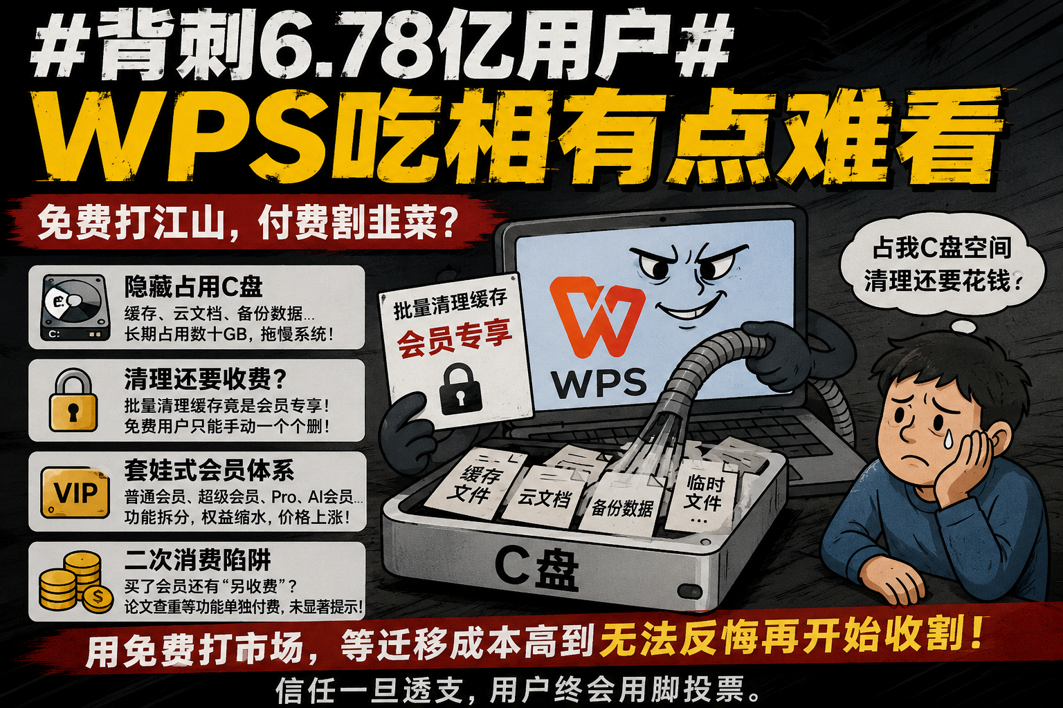 背刺6.78亿用户WPS吃相有点难看收费不是原罪。软件公司要赚钱，会员、AI订阅