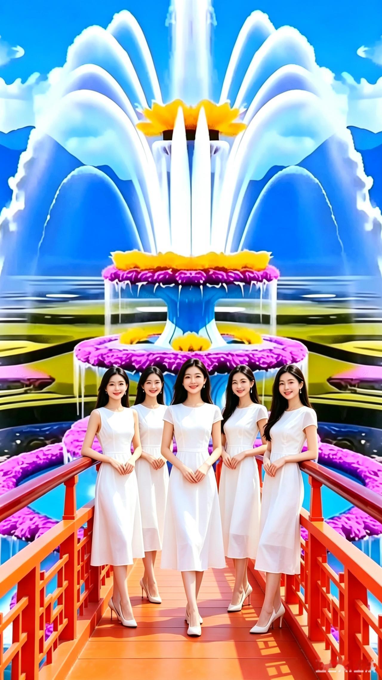 彩色大喷泉的背景格外好看，栈道换成了亮眼的橙红色
画面擦拭得一尘不染，文字水印全