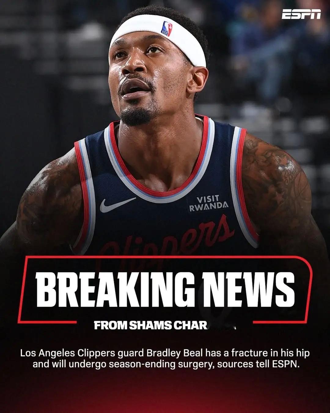 Shams爆料：比尔遭遇髋部骨折，将接受手术治疗。比尔预计的恢复期在6-9个月，