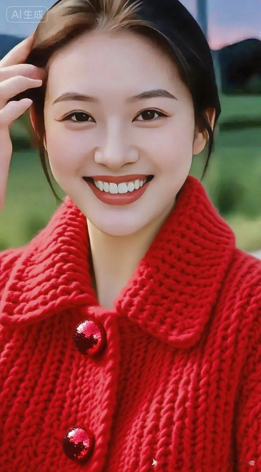 冬日暖阳下的甜美笑容，红色毛衣的温暖陪伴！