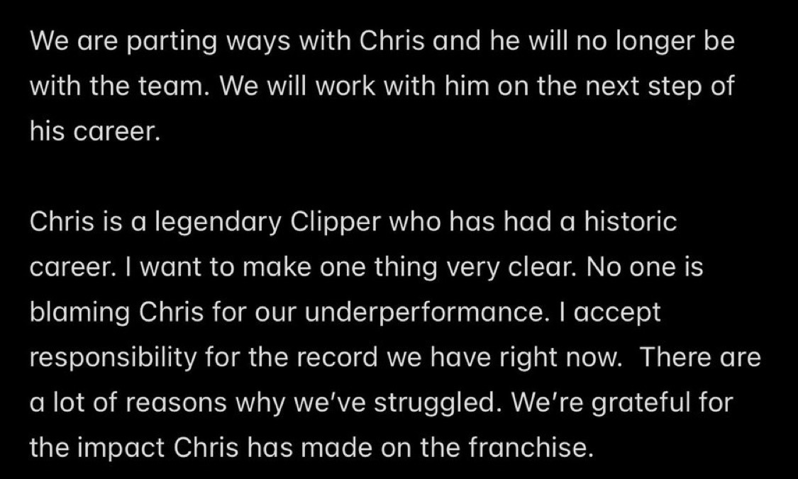 快船官方声明：我们正在与克里斯保罗分道扬镳，他将不再留在球队。我们将与他合作，共