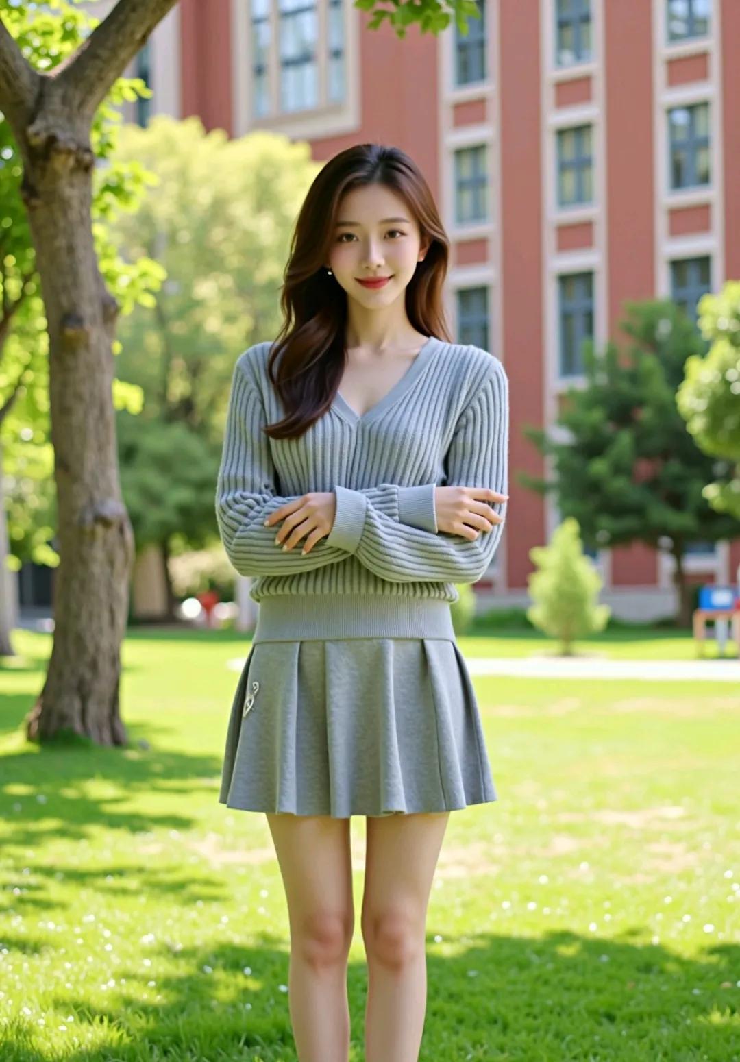 校园里的甜美少女，绿意盎然的背景下，散发着青春的气息。