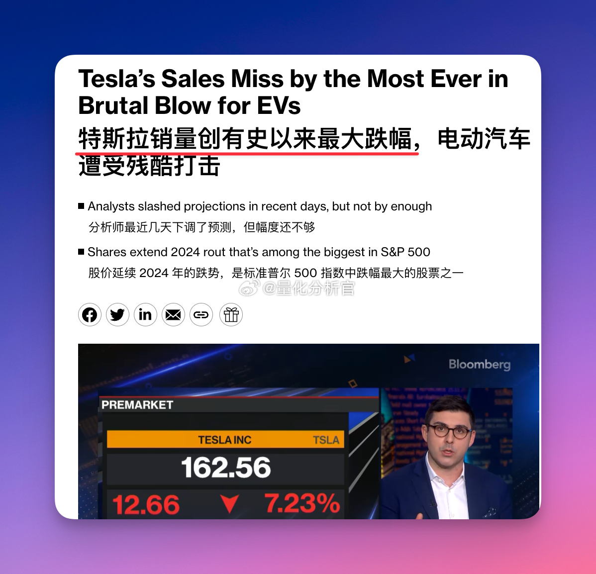 昨晚，特斯拉销量扑街，大幅不及预期，股价收跌4.91%发生什么了？今年前三个月特