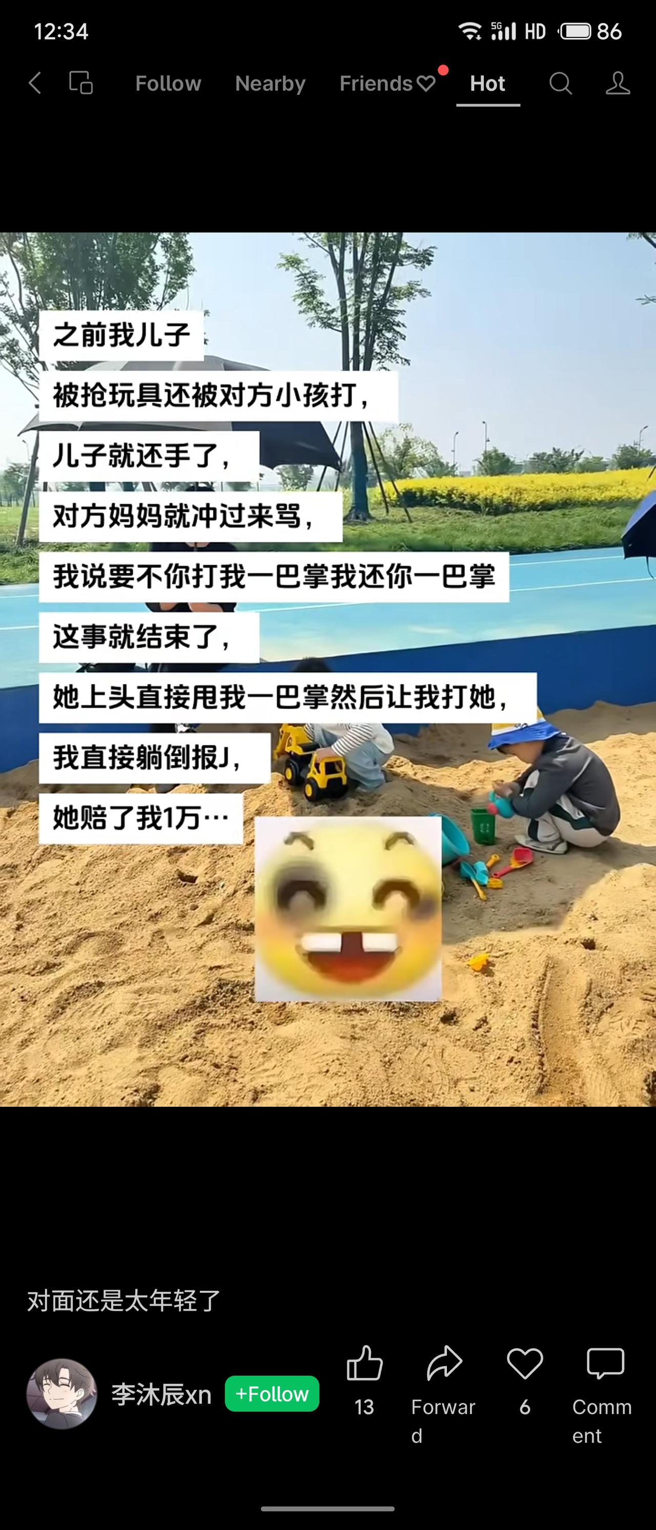 儿子被抢玩具还挨打，还手后对方妈妈冲来骂。叙述者提议互相打一巴掌了事，对方真打了