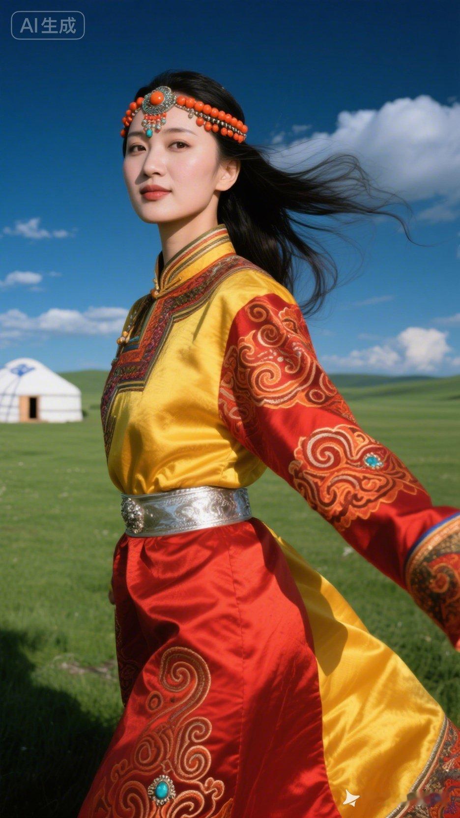 草原上的舞者，红黄相间的服饰在阳光下闪耀，尽显民族风情。