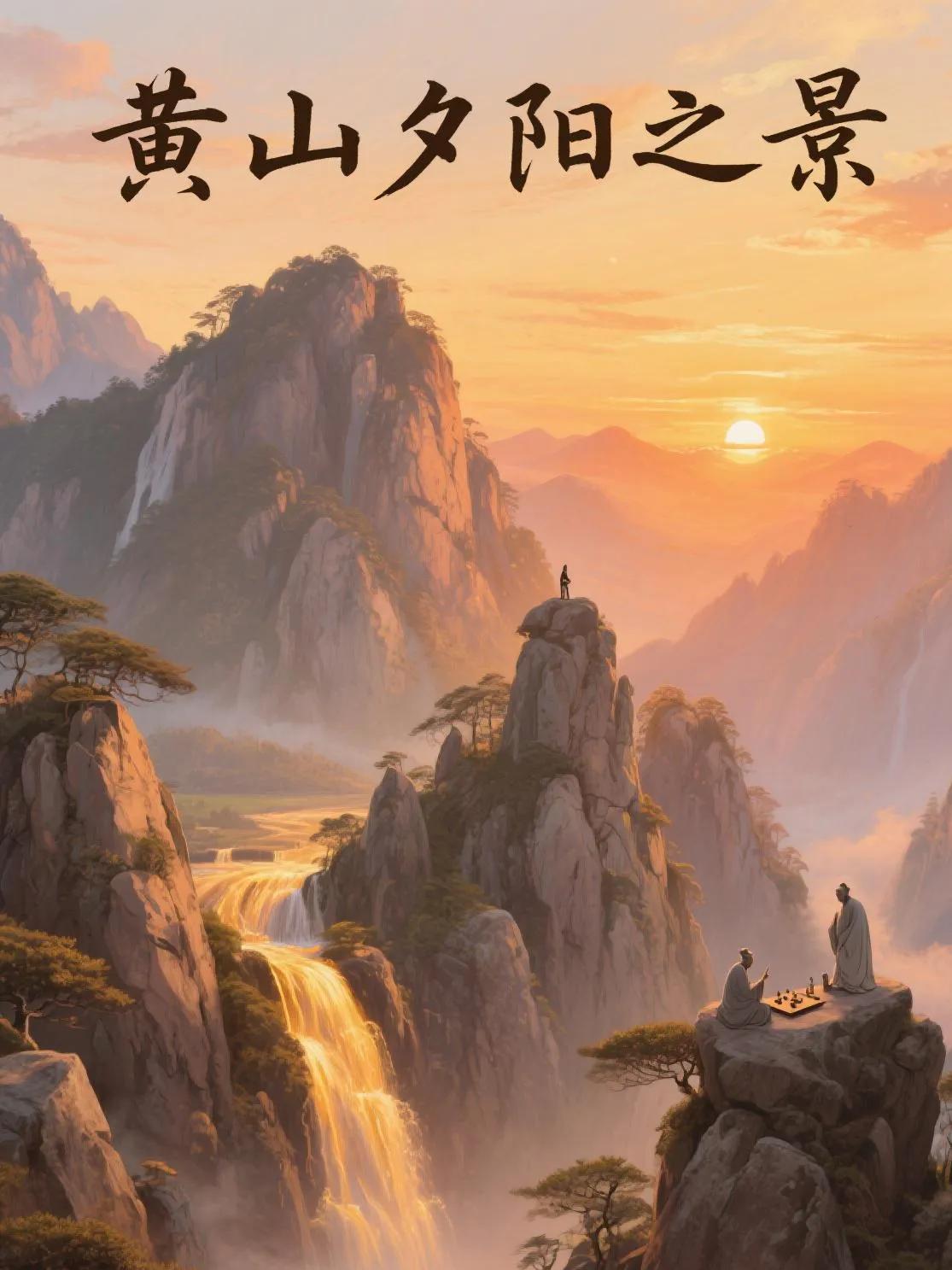 夕阳为黄山披上霓裳，人字瀑幻作金绸，怪石若仙，勾勒出人间至美盛景。黄山峰峦叠嶂 