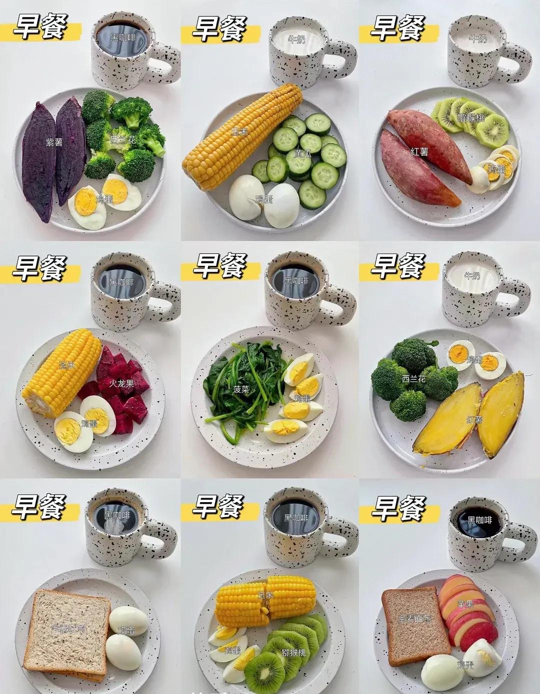 每日减肥饮食推荐

早餐（吃八分饱）
牛奶、鸡蛋、燕麦（膳食纤维）酸奶、水果、全