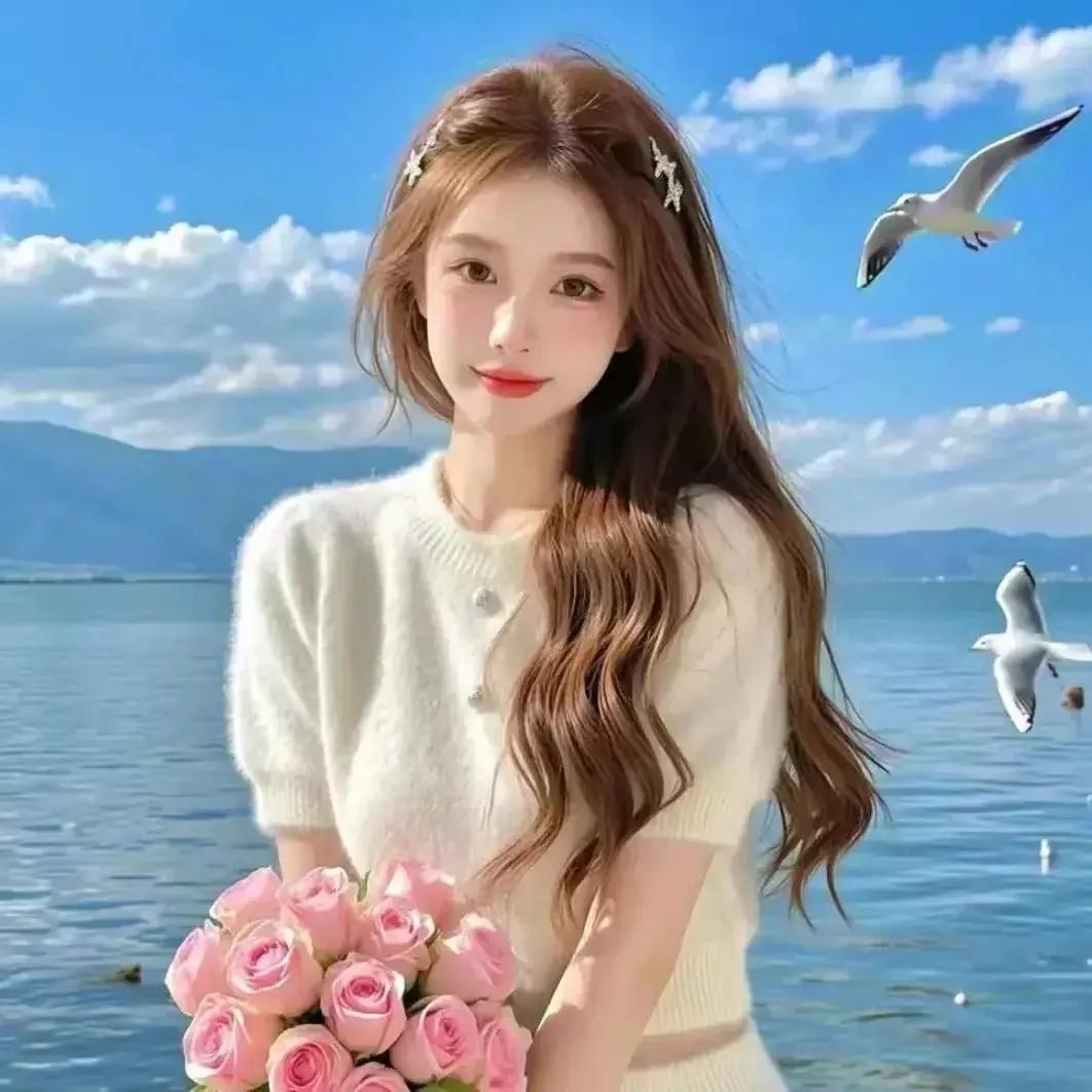 海边浪漫少女，手持粉色玫瑰，海鸥相伴，唯美瞬间。海边花海少女 森系鲜花少女 海边